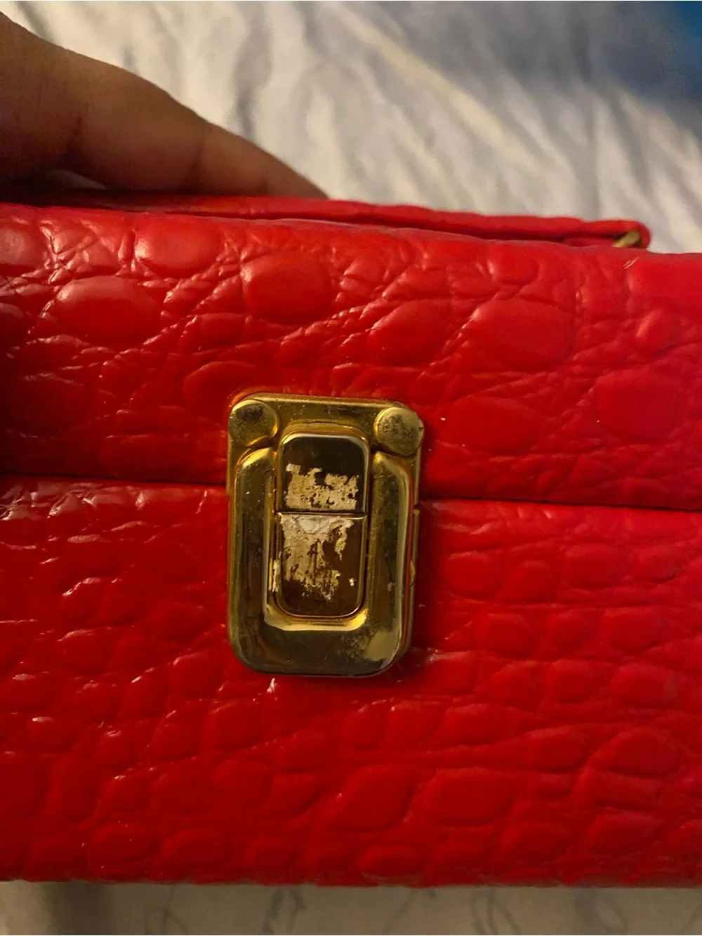 Red Textured Cosmetic Jewelry Case with Gold-Tone Clasp